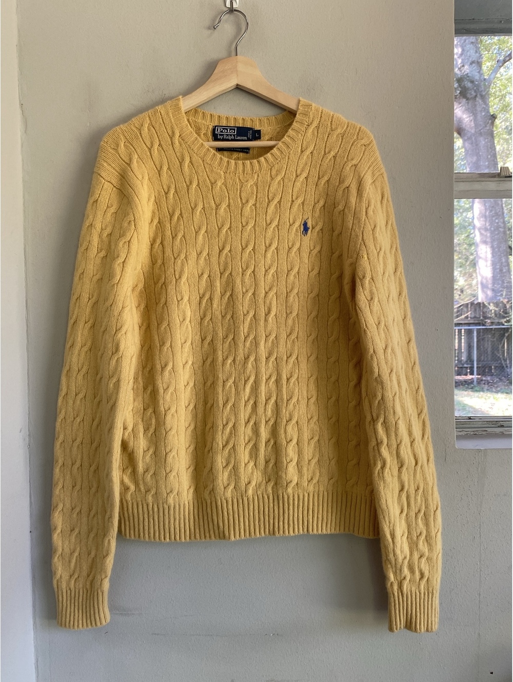 Vintage Rare Polo Ralph Lauren Butter Yellow Merino Angora Cable Sweater Men's L
